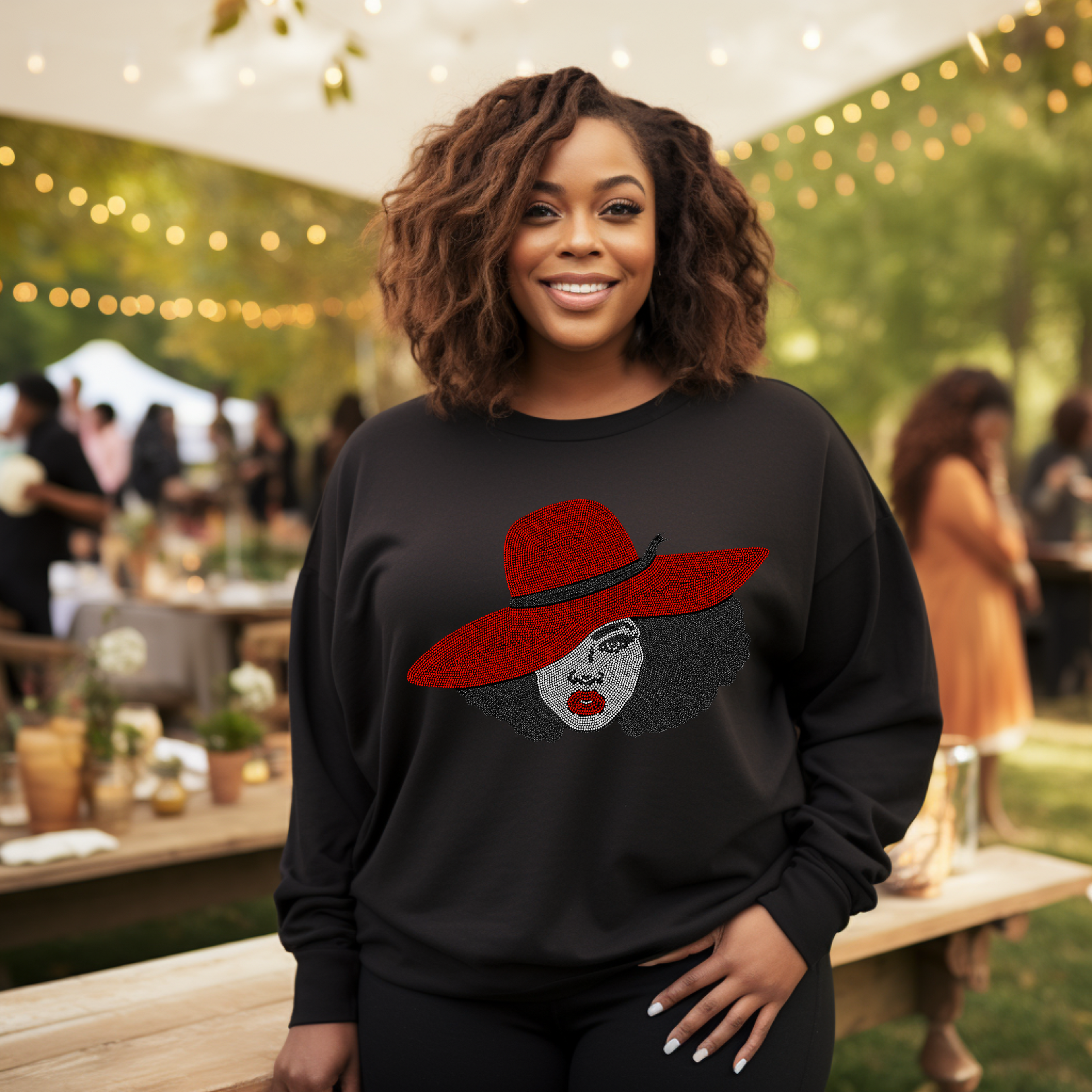 afro with hat rhinestone shirt hoodie lady on sweatshirt