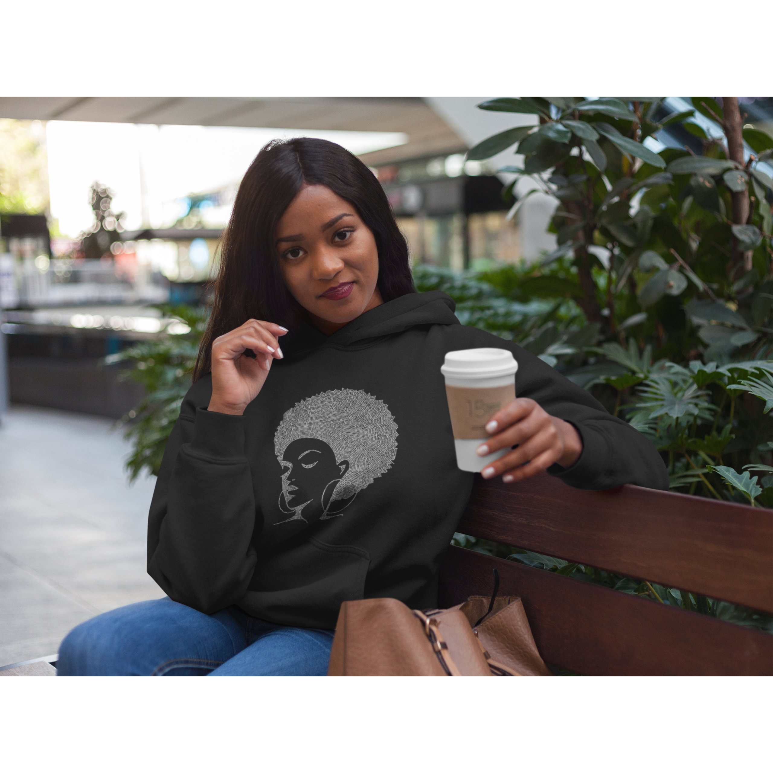 afro lady rhinestone shirt rhinestone hoodie with coffee on bench