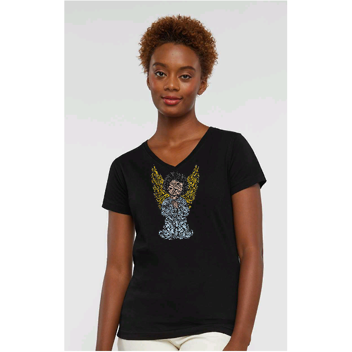 african angel rhinestone shirt on female model