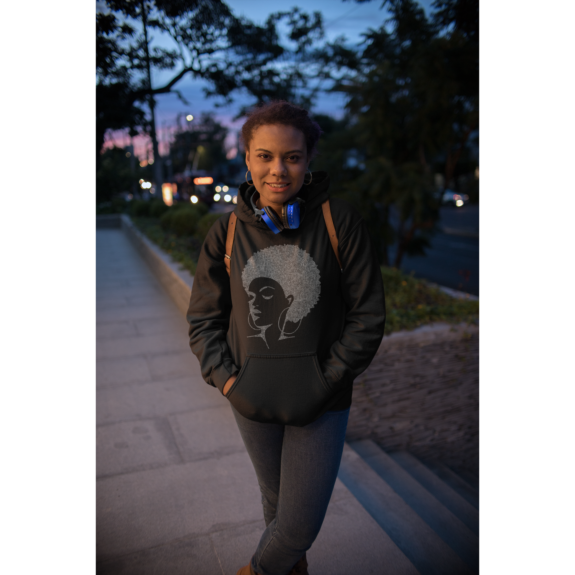 afro lady rhinestone shirt hoodie on the street